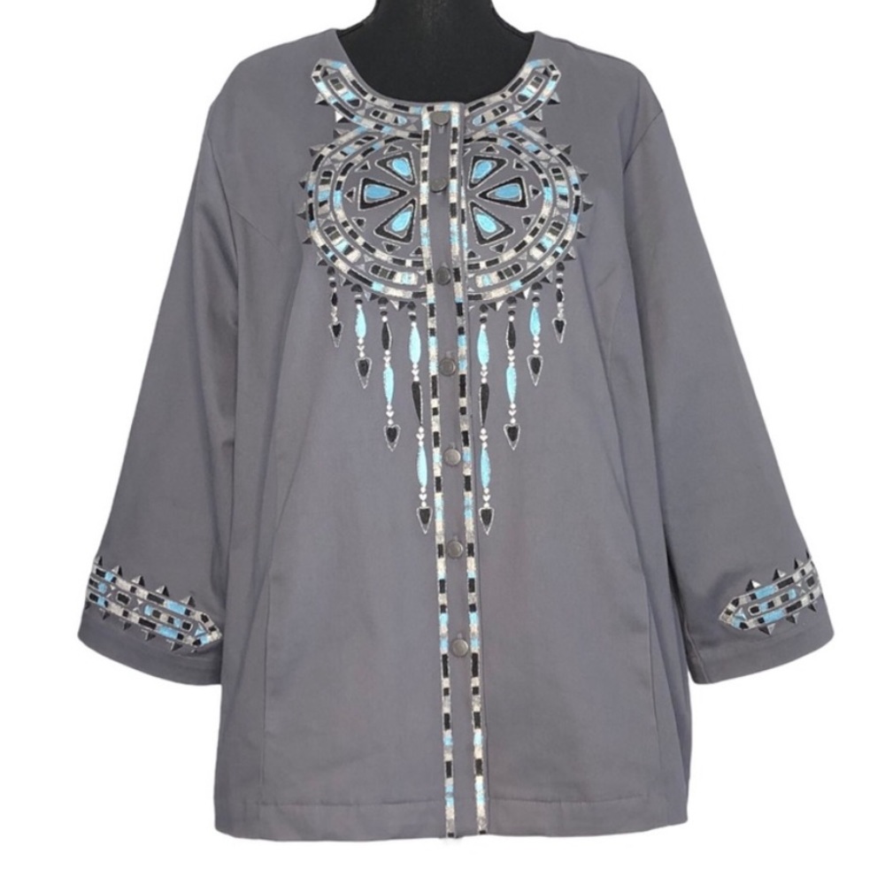 Bob Mackie Wearable Art Gray Embroidered Southwest Blazer Jacket Metallic